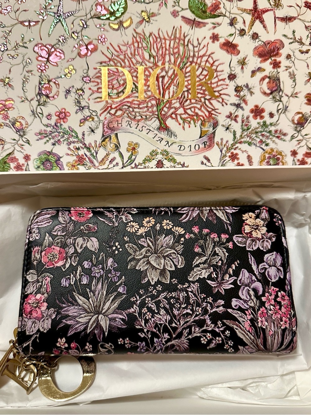 Dior Calfskin Millefiori Printed Lady Dior Zip Wallet Floral Black